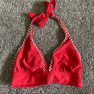 VINTAGE RED WITH WHITE STITCHING HALTER SWIM TOP